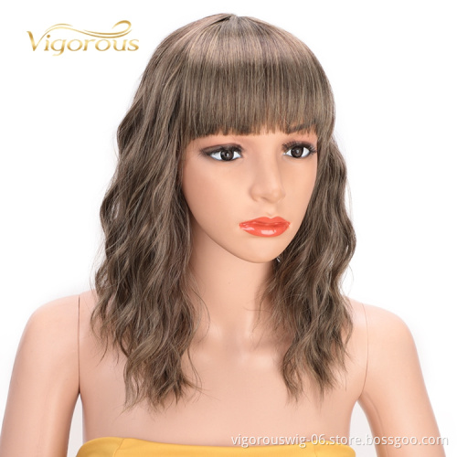 Vendors Colorful Fiber Brown Bob With Bang Cut Short Water Curly Heat Resistant Cheap Cosplay Synthetic Hair Wig
